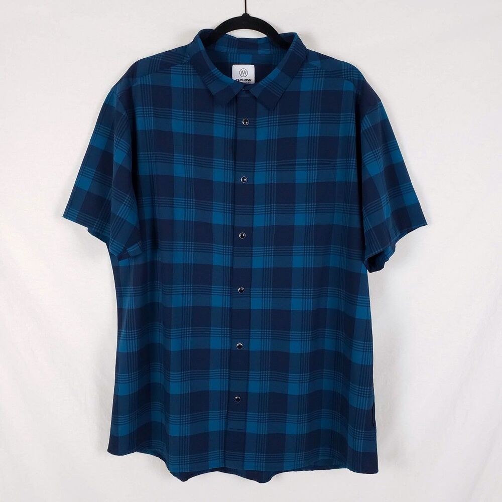 Flylow Lightweight Anderson Shirt Short Sleeve Mens XL Technical Blue Plaid Snap